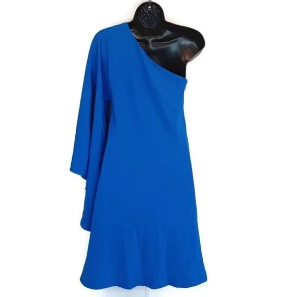 NICOLE MILLER 0 Blue One Shoulder Waterfall Sleeve Dress Lined Special Occasion - Picture 10 of 15